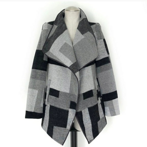 French Connection Black and Gray Color Block Cardigan Coat - Picture 1 of 4